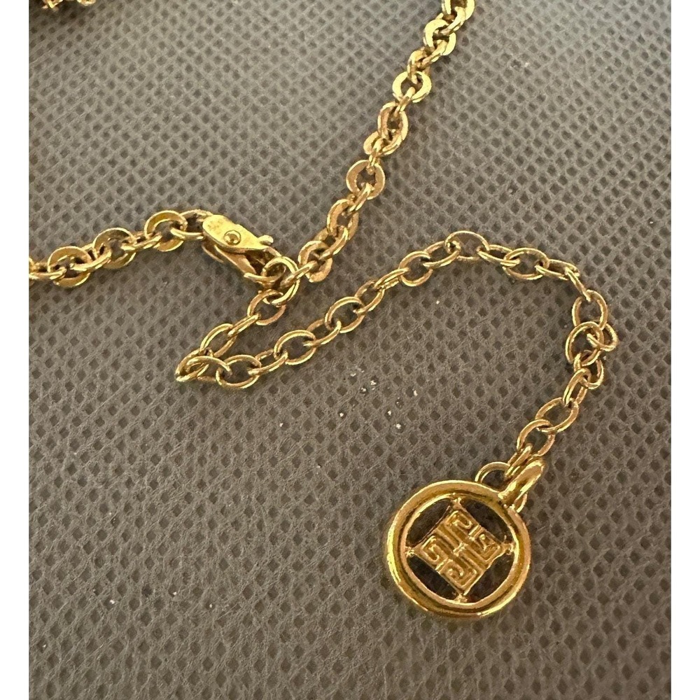 Givenchy Gold Tone Faux Pearl Flower Station Necklace 40 Inch Long Logo Charms - Picture 6 of 13